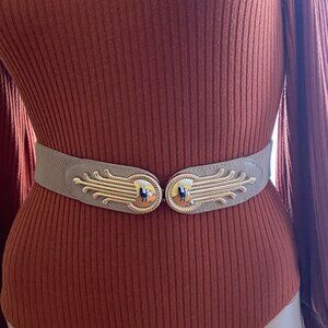 Elastic Stretch Belt Beige/Tan textured with Gold Art Deco inspired hardware